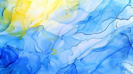 Ultra High Definition Pastel Blue and Bright Yellow Alcohol Ink Art, Luxurious Marble Swirls.