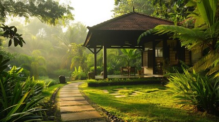Tropical Pavilion in Lush Garden at Sunrise