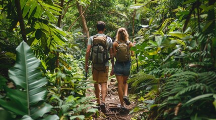 A couple hiking through a lush forest, taking in the nature around them