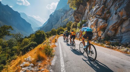 A group of cyclists ascending a steep mountain road, their determination evident as they conquer the challenging terrain.