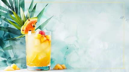 A refreshing glass of Tropical Fruit Cocktail against a vibrant watercolor blue background, leaving ample copy space for your text or message