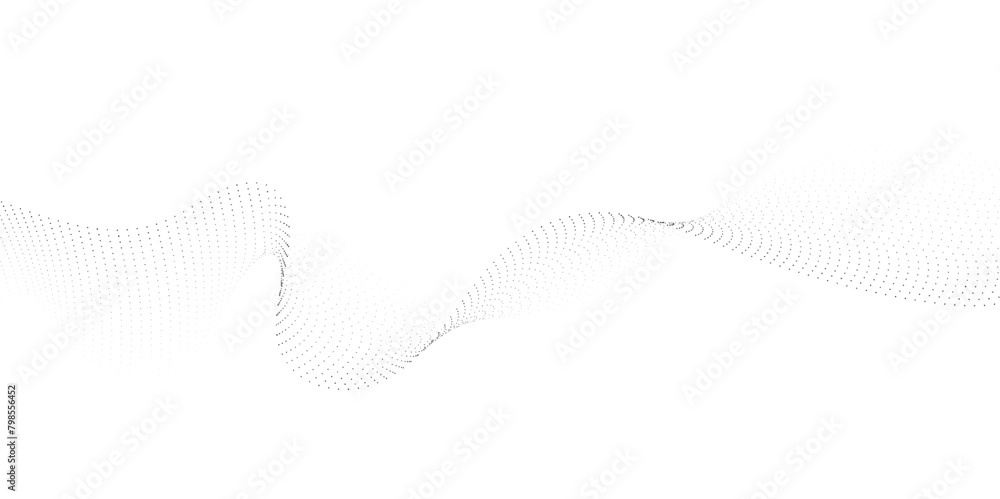 Poster flowing wave dot particles halftone pattern black gradient curve shape isolated on transparent backg