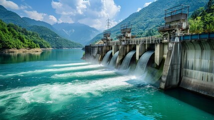 A hydroelectric power plant adjacent to a dam, its turbines harnessing the force of water to generate clean and sustainable energy.