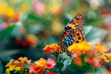a colorful butterfly with intricate wing patterns perched on vibrant flowers, with a bokeh of garden blooms in the background, showcasing the insect's natural habitat and the beauty of pollination