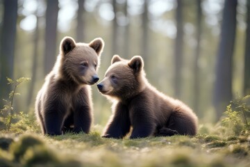 Obraz premium 'cub young brown two fores bear wildlife animal baby nature wild forest mammal finland cute adorable danger taiga ursus evening grizzly predator family nordic small tree lovely summer winnie'