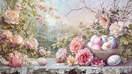 An Easter painting, adorned with flowers and eggs, captures the essence of whimsy on vintage-style paper