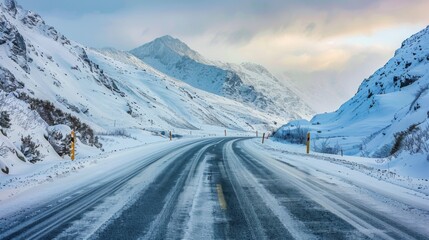 A mountain road covered in snow and ice, a challenging but beautiful landscape for drivers navigating the wintry conditions.