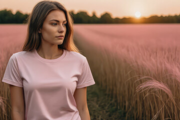 woman standing in field wearing light pink t-shirt, t-shirt mock-up, 