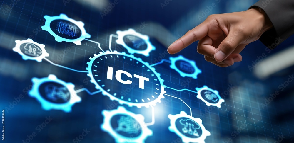 Aufkleber ict. information and communication technology concept on abstract background