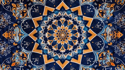 Intricate symmetrical mandala pattern in blue and orange hues