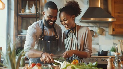 A couple laughing while cooking a meal together at home