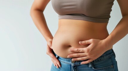 A woman touching her belly fat against a white background, highlighting concerns about overweight.