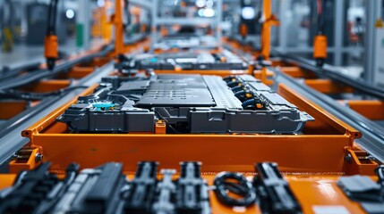 Electric vehicle battery cell assembly line in mass production.