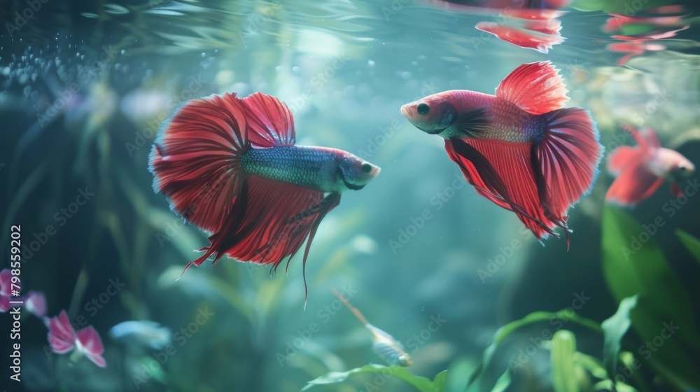 Poster A pair of Betta fish in a tranquil aquatic scene, their serene presence adding a touch of tranquility to any environment.