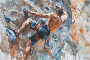 dynamic watercolor painting of a rock climber
