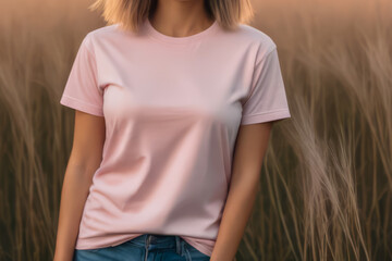 woman standing in field wearing light pink t-shirt, t-shirt mock-up, face not visible 