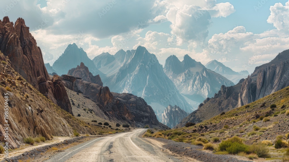 Poster a panoramic shot of a scenic mountain highway, surrounded by towering peaks and winding its way thro