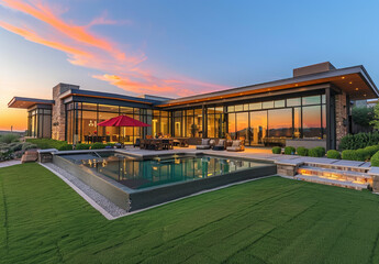 the exterior and pool area of an Arizona home for sale at sunset, with green grass in the front yard and patio furniture. The beautiful sky and large windows of this single story house