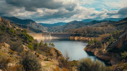A panoramic view of a dam nestled in a valley, its imposing concrete walls contrasting with the natural beauty of the surrounding terrain.