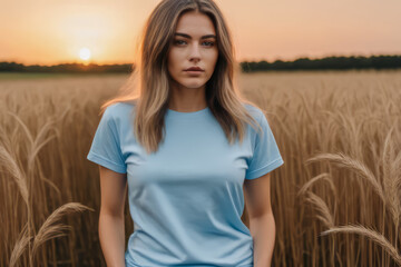 woman standing in field wearing light blue t-shirt, t-shirt mock-up, 