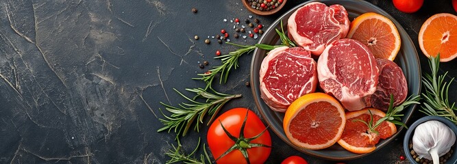 ingredients needed to make ossobuco, a typical Italian meat dish. Top view with space for copy. - obrazy, fototapety, plakaty