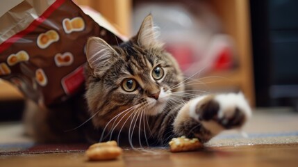 A plump cat pawing at a bag of treats, its persistence and determination evident as it tries to...