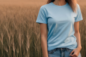 woman standing in field wearing light blue t-shirt, t-shirt mock-up, face not visible 