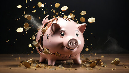 An exploding broken piggy bank depicting bankruptcy, loss of investment, economic stress of economy, Financial crisis concept, earning