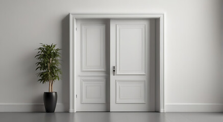 A wide image of White half-open door and white wall with copy space for product placement space, isolated, 