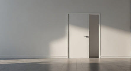 A wide image of White half-open door and white wall with copy space for product placement space, isolated, 