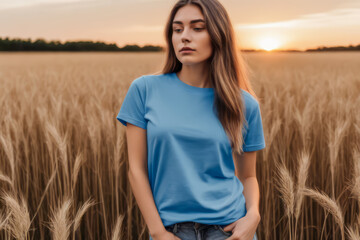 woman standing in field wearing blue sky t-shirt, t-shirt mock-up, 