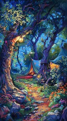 Fototapeta premium Illustrate a whimsical scene of comedy amid the magical setting of a wilderness camping adventure Experiment with vibrant hues in a traditional art medium to bring the laughter and outdoor beauty to l