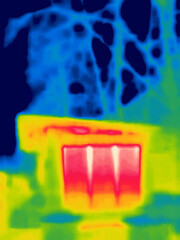 Pavilion in the winter forest.Image from thermal imager device.