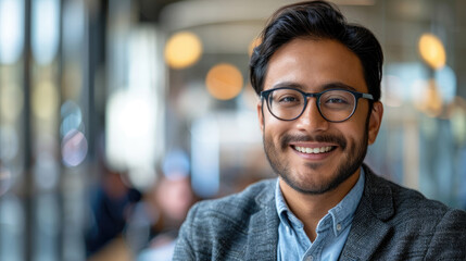 Fototapeta premium Successful Indian businessman in casual suit and glasses smiles kindly at the camera in a bright office