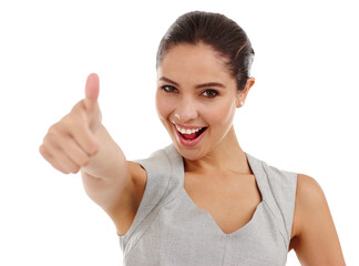 Thumbs up, yes and portrait of business woman with opinion and agreement hand gesture. Studio, thank you and professional with good review, vote and success emoji sign with white background and like