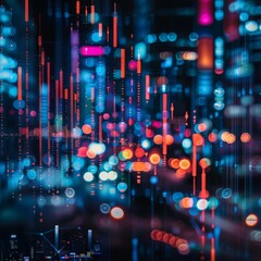 Fototapeta premium Abstract glowing big data forex candlestick chart on blurry city backdrop. Trade, technology, investment and analysis concept.