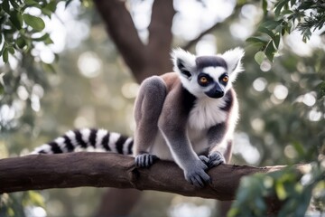 Fototapeta premium 'tree lemur tailed ring branch animal mammal madagascar zoo wildlife fur nature ring-tailed wild cute tail white black eye portrait'