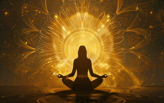 A silhouette of an outline yoga lotus pose figure against the background of sacred geometry, mandala with rays and light effects emanating from behind.