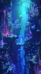 Obraz premium Craft a digital pixel art representation of an underwater city, showcasing a perspective from below, with bioluminescent creatures casting an ethereal glow, creating a captivating and immersive scene