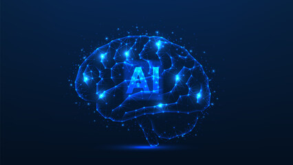 Banner of futuristic AI brain. Vector illustration with futuristic glowing low polygonal brain. Ai technology, artificial mind, neural network, artificial Intelligence concept.