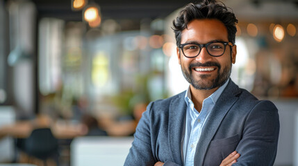 Successful Indian businessman in casual suit and glasses smiles kindly at the camera in a bright office