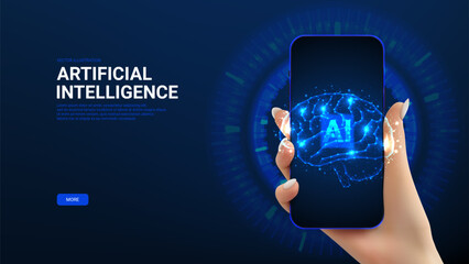 Futuristic banner with AI brain. Vector illustration with hand holding phone and showing futuristic glowing low polygonal brain. Ai technology, artificial mind, artificial Intelligence concept.