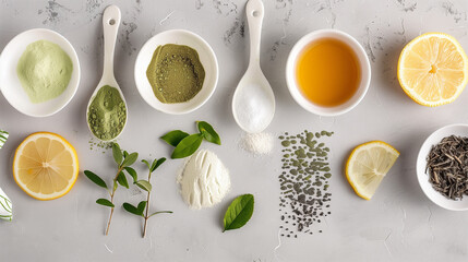 Detox ingredients like green tea and detoxifying masks arranged aesthetically