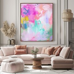 beige comfortable living room interior with sofa and large wall and abstract painting.