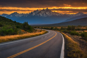 A highway towards mountains at sunset