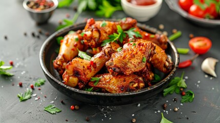 Fototapeta premium Air Fryer drummet chicken wing with garlic and pepper in a plate.Healthy oilless cooking menu.