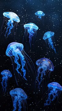 Explore the depths of creativity by depicting a school of bioluminescent jellyfish floating gracefully in a pitch-black ocean abyss, viewed sideways Traditional Art Medium