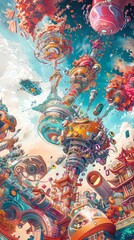 Illustrate a traditional art piece depicting a birds-eye view of a cultural festival intertwined with futuristic technologies Emphasize the surrealism through vibrant watercolors, blending intricate d