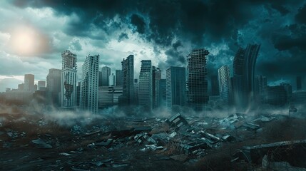 Abandoned broken big city with skyscrapers after a disaster - tornado, earthquake or war. The concept of the end of the world and destruction - apocalypse. copy space for text. - obrazy, fototapety, plakaty