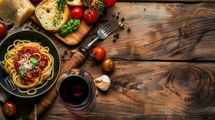 An overhead view of a rustic wooden table set with a traditional Italian meal, featuring a steaming bowl of al dente spaghetti tossed in rich tomato sauce, - Powered by Adobe